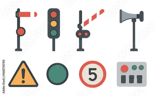 Collection of various traffic and warning signals with lights and symbols