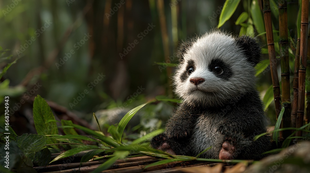 Fototapeta premium Cute baby panda sitting among lush green bamboo in a serene forest setting during the afternoon light