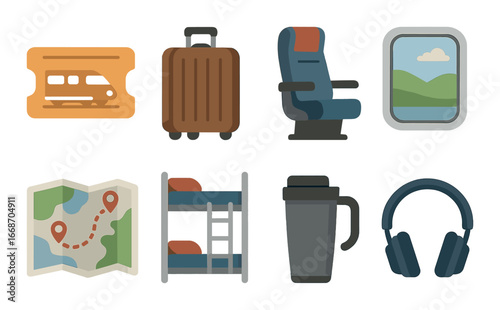 Travel essentials: ticket, luggage, seat, window view, map, bunk, travel mug, headphones