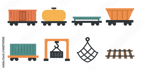 Glowing railroad icons: train cars and tools silhouettes on gradient background