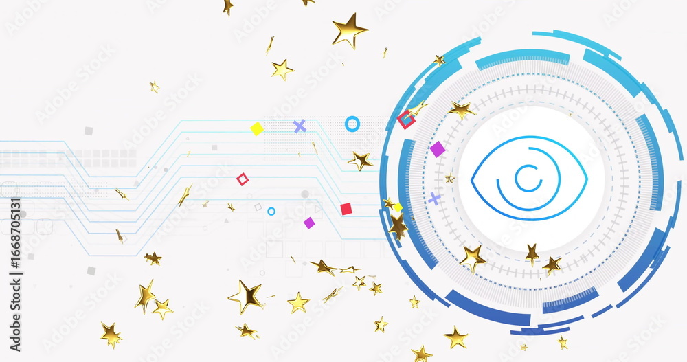 Fototapeta premium Showing interface holding blue eye icon on right canvas, with gold stars, circuit lines, copy space