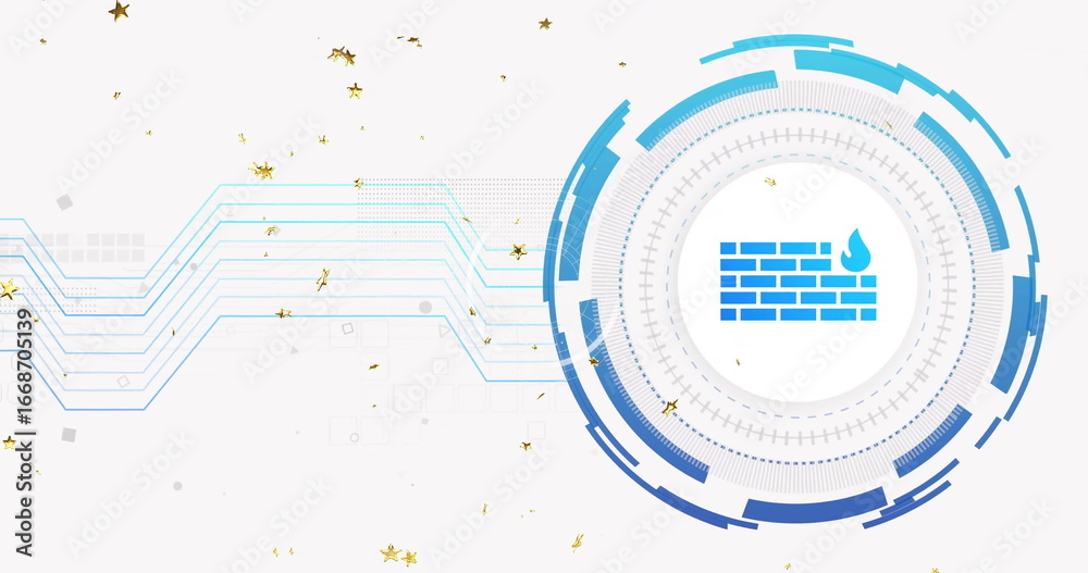 Fototapeta premium Wyświetlanie okrągłej grafiki zapory sieciowej obracającej się na cyfrowym interfejsie użytkownika, z pierścieniami i złotymi gwiazdami, z miejscem na tekst
