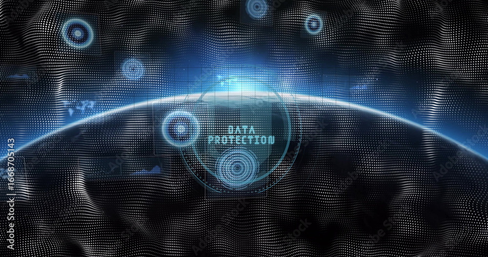 Obraz premium Displaying planet horizon revealing grid in orbit, with interface rings and data protection label