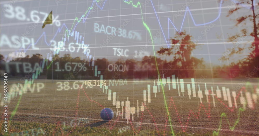 Obraz premium Financial candlestick bars and line graphs overlaying grass field at dawn, with small blue ball