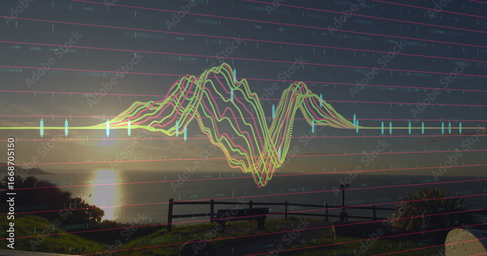 Obraz premium Multicolored waveform overlaying lakeshore at sunset, with bench lamppost grid lines axis labels