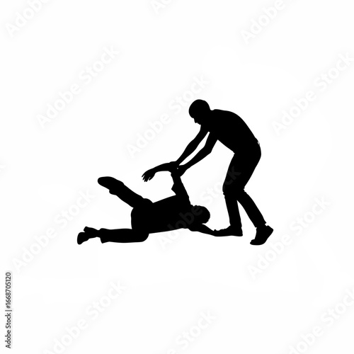 Silhouette of volunteer giving first aid to injured man isolated on white background