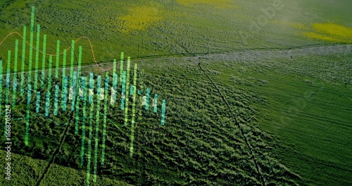 Farmland showing crop rows and tracks from above, with green-blue charts, orange line overlay