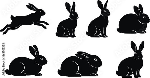 Black rabbit silhouettes in various poses — vector illustration set featuring leaping, sitting, lying down, and upright bunny postures