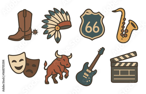 Symbols of american culture: cowboy boot, headdress, route 66, saxophone, comedy masks, bull, guitar, clapperboard