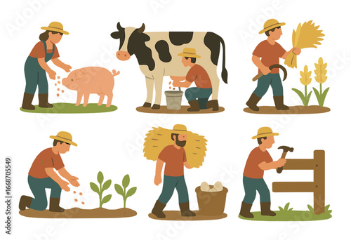 Cartoon farmers engaged in agriculture tasks with animals and crops