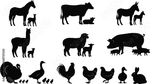 Farm animal silhouettes with offspring — vector set featuring horse, cow, pig, rabbit, poultry, and more in black minimalist style