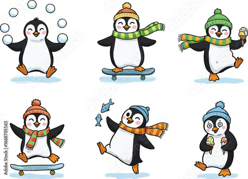Cute winter cartoon penguin characters doing fun activities like juggling, skateboarding, eating fish and ice cream, dancing, and smiling.