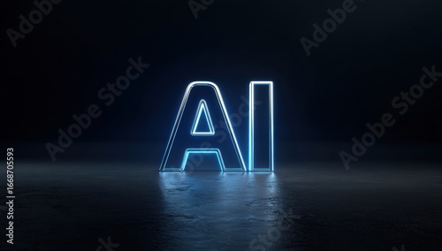 Glowing AI letters on dark floor