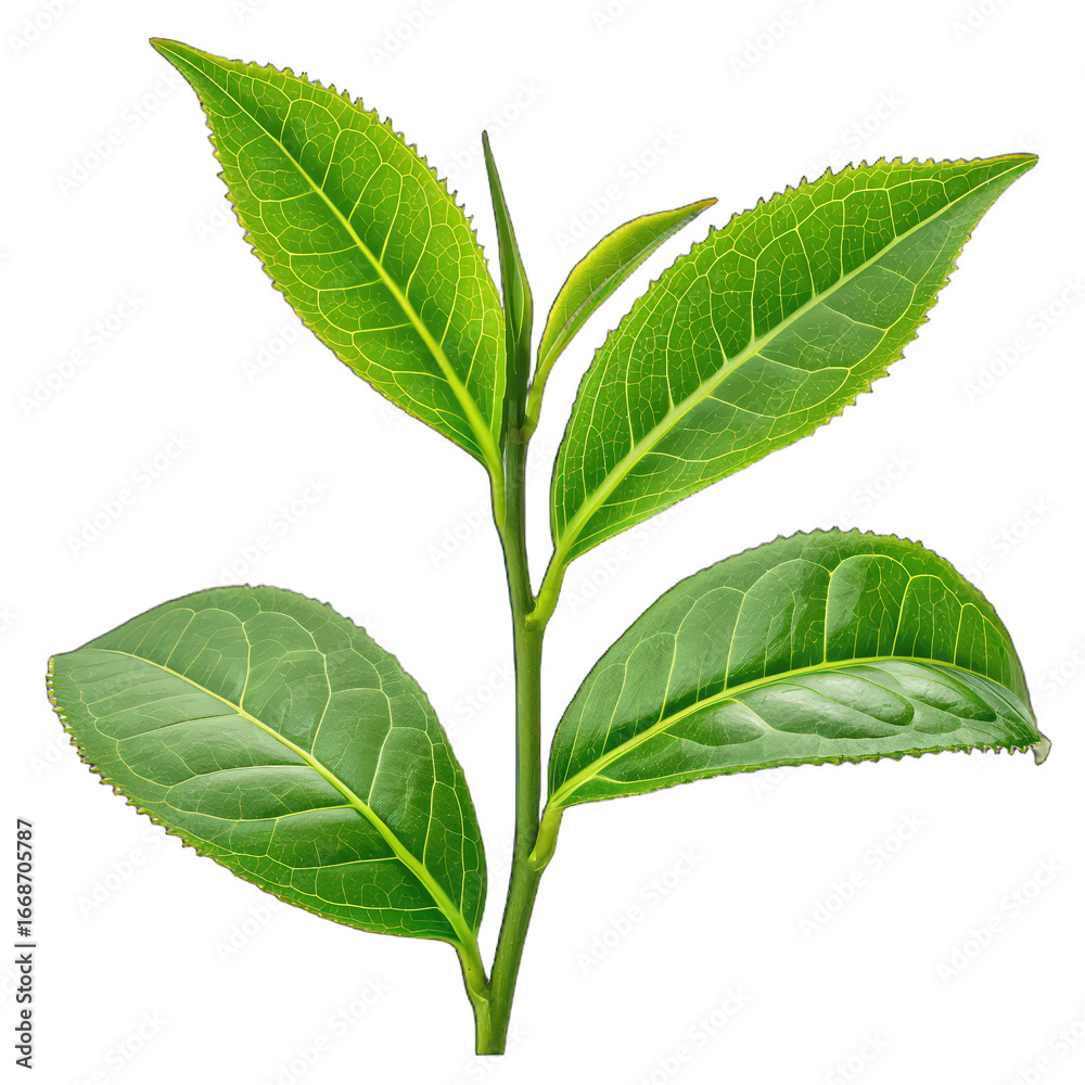 Fototapeta premium Fresh green tea leaf on transparent background png green tea plant png leaf close-up png tea leaf isolated png botanical nature png fresh leaf herbal png transparent image background png