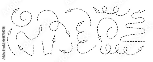 Squiggly dotted arrow doodle set. Hand drawn black vector line fun playful bounce icons, jump thick motion design elements. Movement symbol by pen, pencil or marker