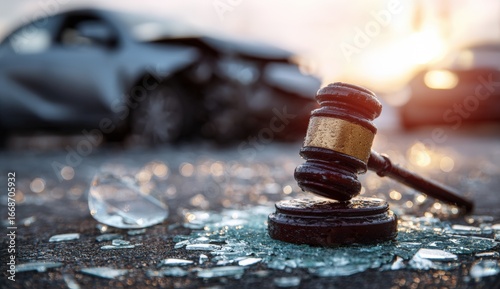 A judge's gavel rests on shattered glass beside a damaged car