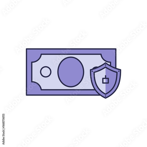 Protected Cash Purple Bill and Security Shield Icon.