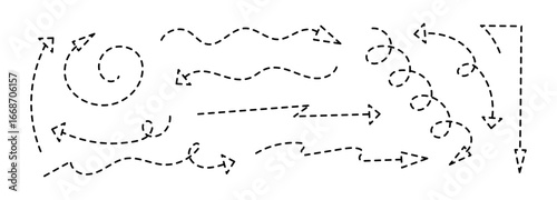 Dotted squiggly arrow doodle set. Hand drawn black vector line fun playful bounce icons, jump thick motion design elements. Movement symbol by pen, pencil or marker