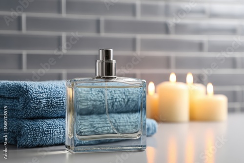 Perfume bottle and towels on a countertop