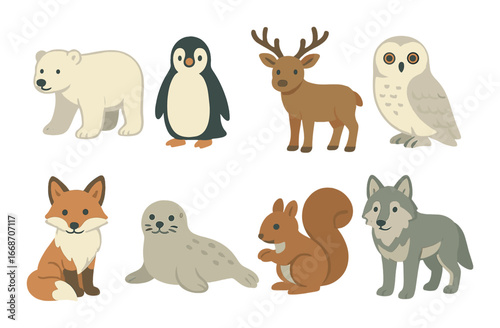 Collection of cute arctic and forest animals: bear, penguin, deer, owl, fox, seal, squirrel, wolf