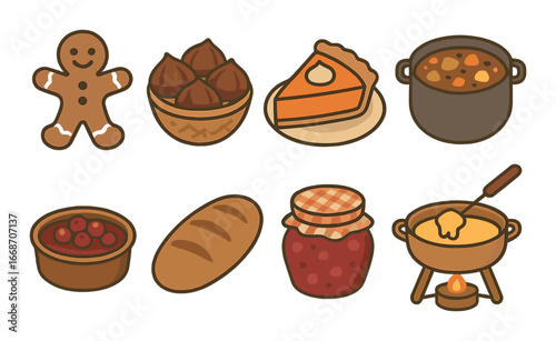 Cozy autumn icon set: gingerbread, chestnuts, pie, stew, cranberries, bread, jam, fondue