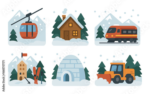 Winter icons: snow cabin, ski lift, train, igloo, and snowplow