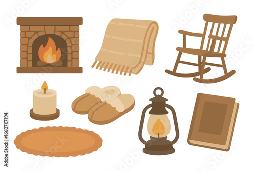 Cozy home essentials with fireplace, candle, slippers, lantern, rug, blanket, rocking chair, and book