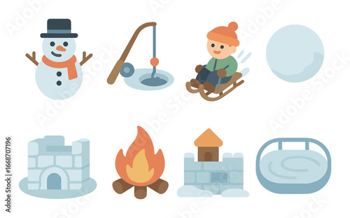 Winter activities: snowman, ice fishing, sledding, snowball, igloo, campfire, snow fortress