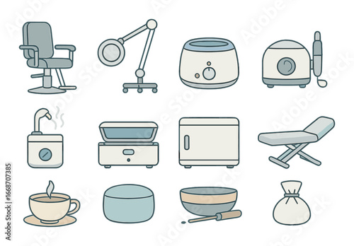 Stylized icons of spa and salon equipment for relaxation and beauty