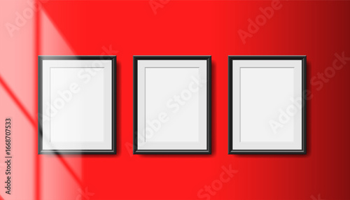 three blank black picture poster frames on the red wall mock up vector illustration