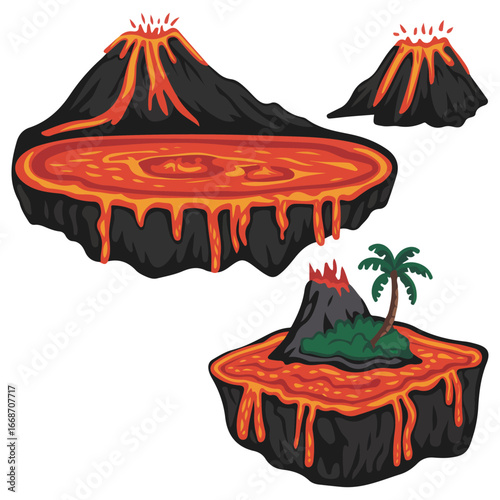 Cartoon vector closeup illustration volcanic eruption isolated on white background