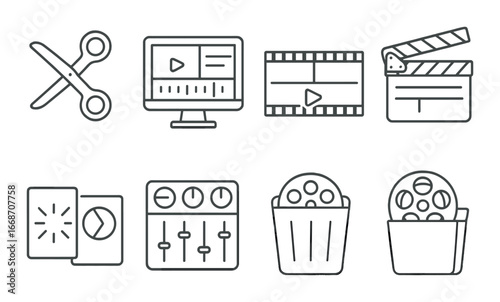 Film and video editing icons with movie elements on dark background
