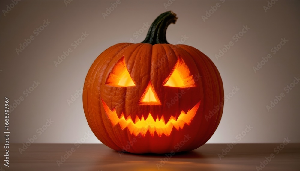 Obraz premium The image shows a carved orange gourd sitting on a wooden surface, lit from within