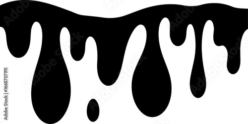 A vector illustration of black liquid dripping, forming various sizes of droplets against a white background. 