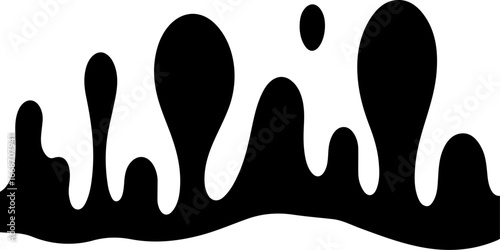 A vector illustration of black liquid dripping, forming various sizes of droplets against a white background. 