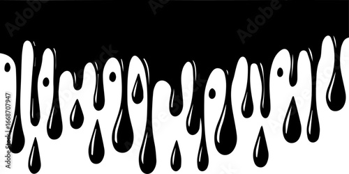 A vector illustration of black liquid dripping, forming various sizes of droplets against a white background. 