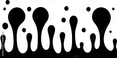 A vector illustration of black liquid dripping, forming various sizes of droplets against a white background. 