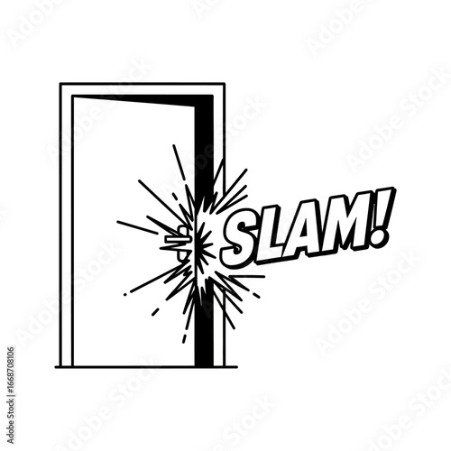 Slamming Door Illustration with Impact Lines and Text