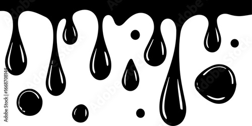 A vector illustration of black liquid dripping, forming various sizes of droplets against a white background. 