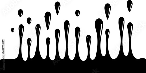 A vector illustration of black liquid dripping, forming various sizes of droplets against a white background. 