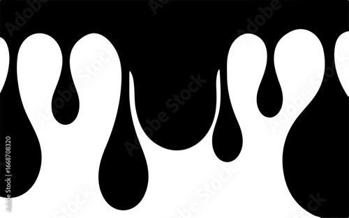 A vector illustration of black liquid dripping, forming various sizes of droplets against a white background. 
