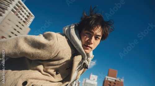 Young Asian Man in Stylish Winter Coat Looking at Camera in City