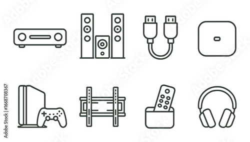 Digital devices and accessories icons: game console, speakers, remote, headphones