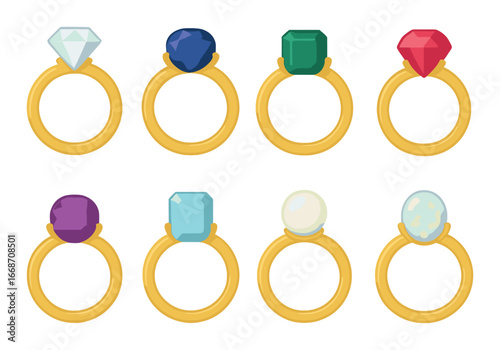 Set of eight colorful gemstone rings on golden bands