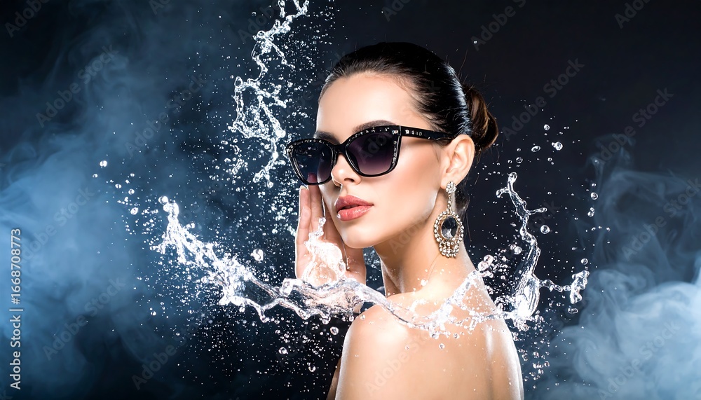 Obraz premium Woman Wearing Sunglasses and Earrings with Water Splash on Dark Background