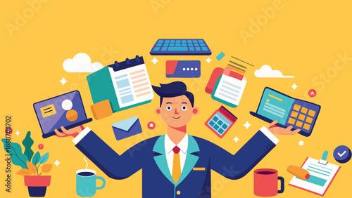 Explore this vibrant business vector illustration of a professional managing tasks with laptops, documents, and tools. Perfect for productivity and work-themed designs.