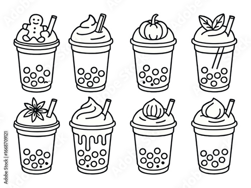 Set of eight bubble tea cups with various toppings and decorative elements