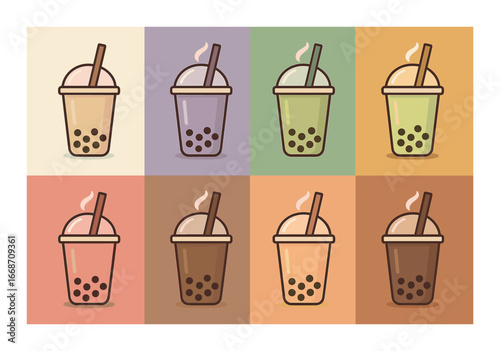 Colorful pop art bubble tea illustration with tapioca pearls and straws in various shades