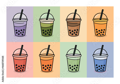 Colorful bubble tea cups in pop art style displayed in a grid with various flavors