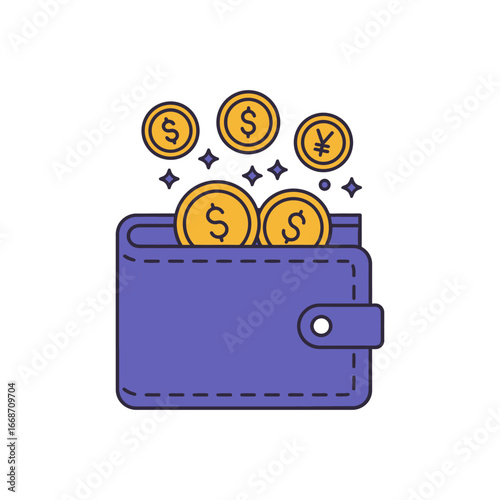 Stylized Wallet Overflowing with Dollar and Yen Coins with Sparkling Accents.